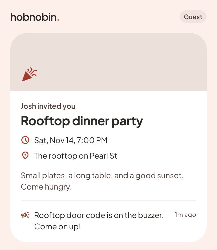 A guest invite showing the host, event name, time, and place